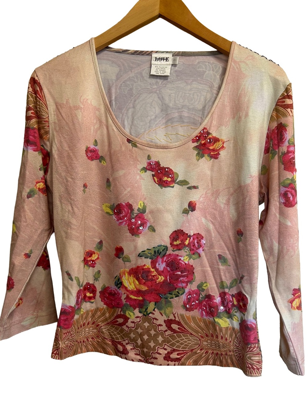Vintage Love Amour Boho Floral Sequin Long Sleeve Tee